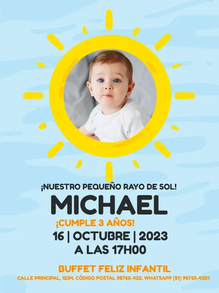 Invitación Rayo De Sol Con Foto Azul Niño – tema Cumpleaños Infantil azul claro, lúdico, infantil, fotográfico, brincalhão, colorido