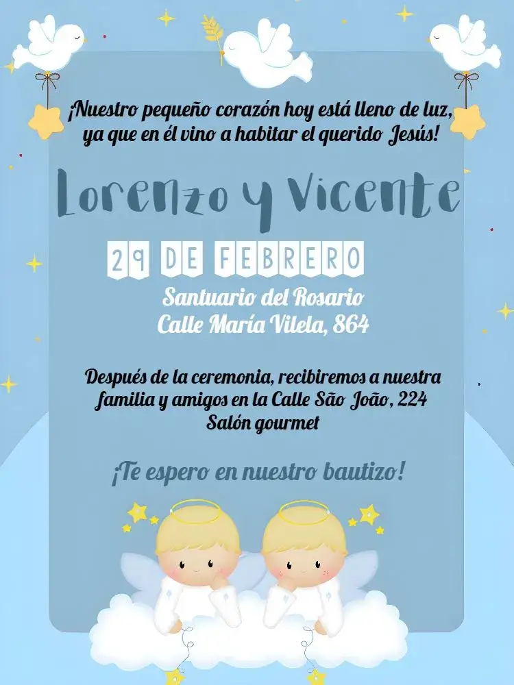 Invitación Bautizo Hermanos Naranja – tema Primera Comunión colorido, infantil, moderno, alegre, divertido