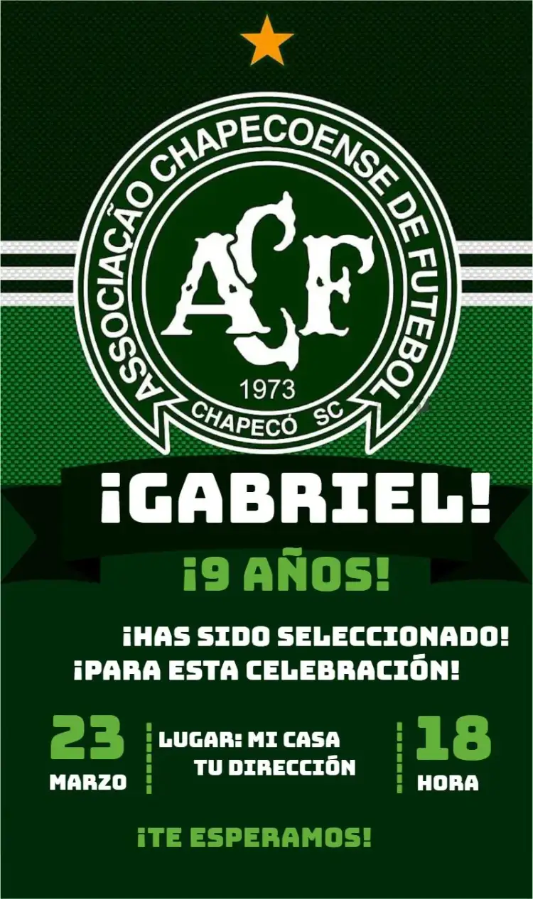 Invitación Chapecoense 1 – tema Cumpleaños fútbol, verde y blanco, moderno, vibrante, dinámico
