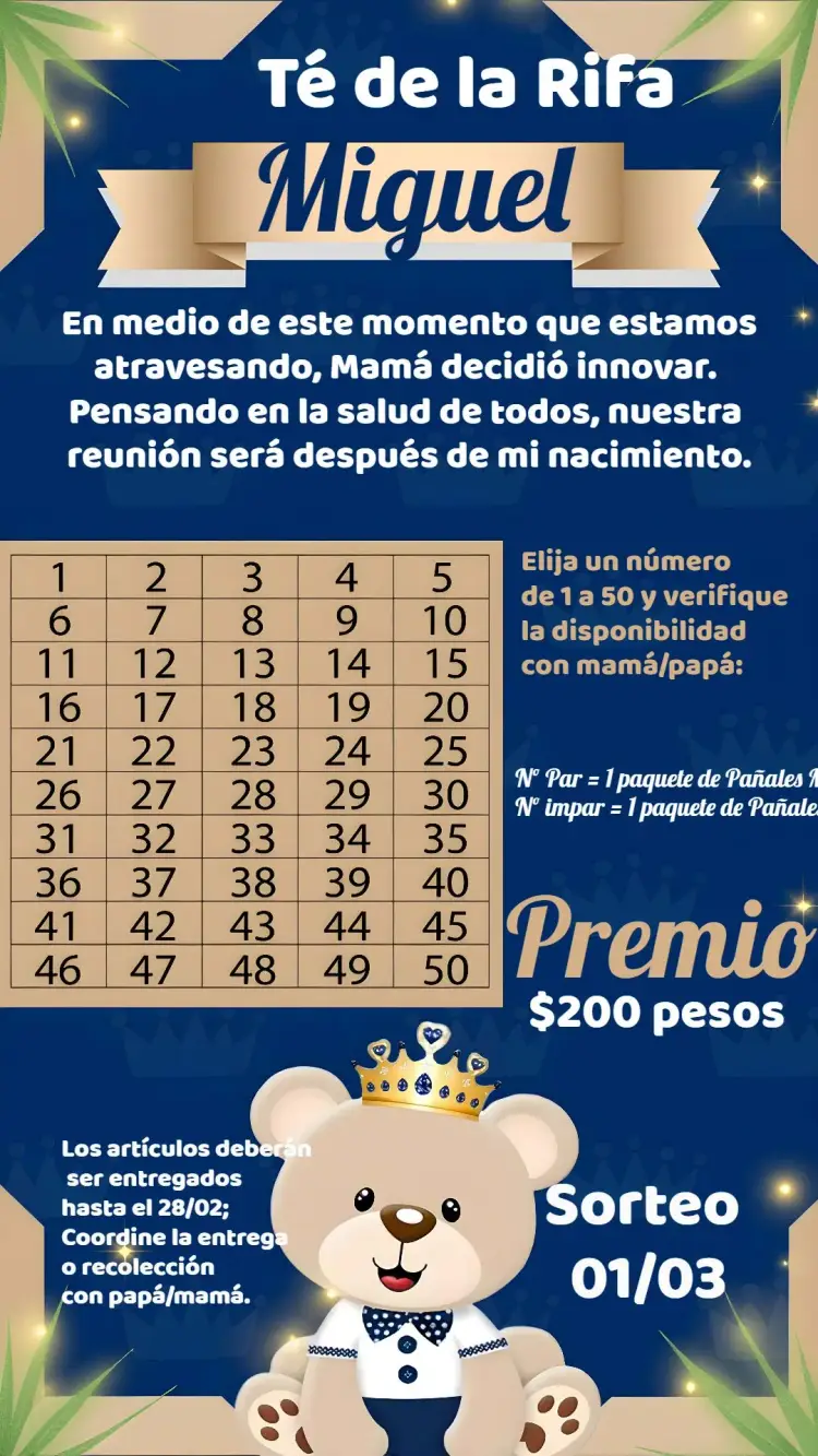 Invitación Chá Rifa Osito Príncipe Blanco
