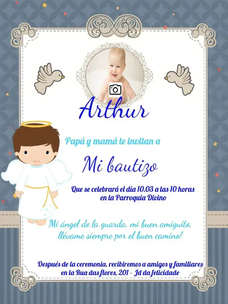 Invitación Bautizo Angelito Con Foto Blanco – tema Bautismo delicado, moderno, angelito, azul, blanco, minimalista