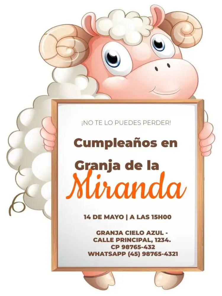 Invitación Granja Oveja Para Editar Be – tema Cumpleaños Infantil colores suaves, animales de granja, banderitas coloridas, estilo lúdico, detalles campestres, diseño cautivador