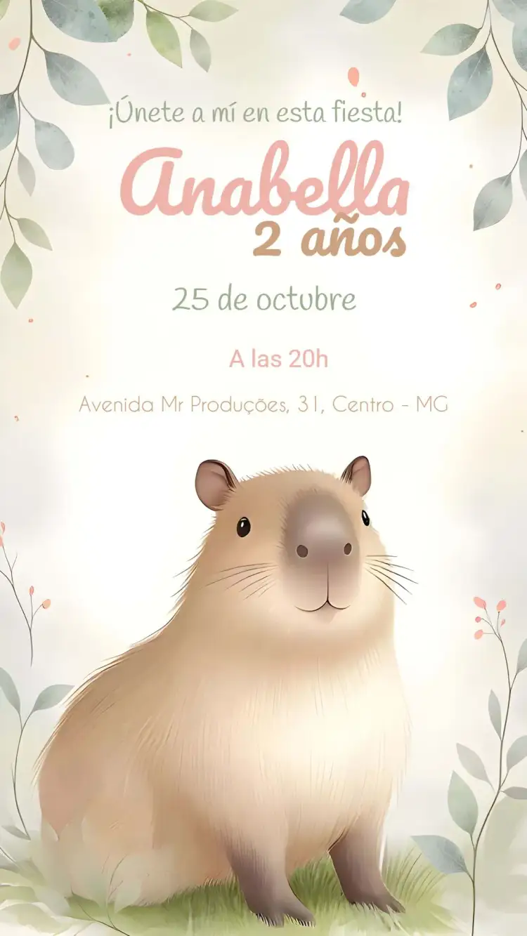 Invitación Capibara Acuarela Niña – tema Cumpleaños Infantil acuarela, delicado, rosa, animales, infantil, juguetón