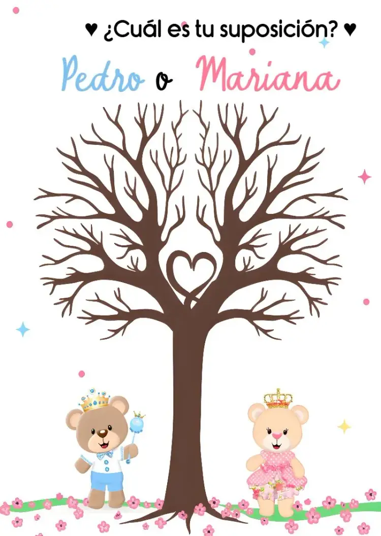 Invitación Árbol De Huellas Chá Revelación Ositos editable y personalizable