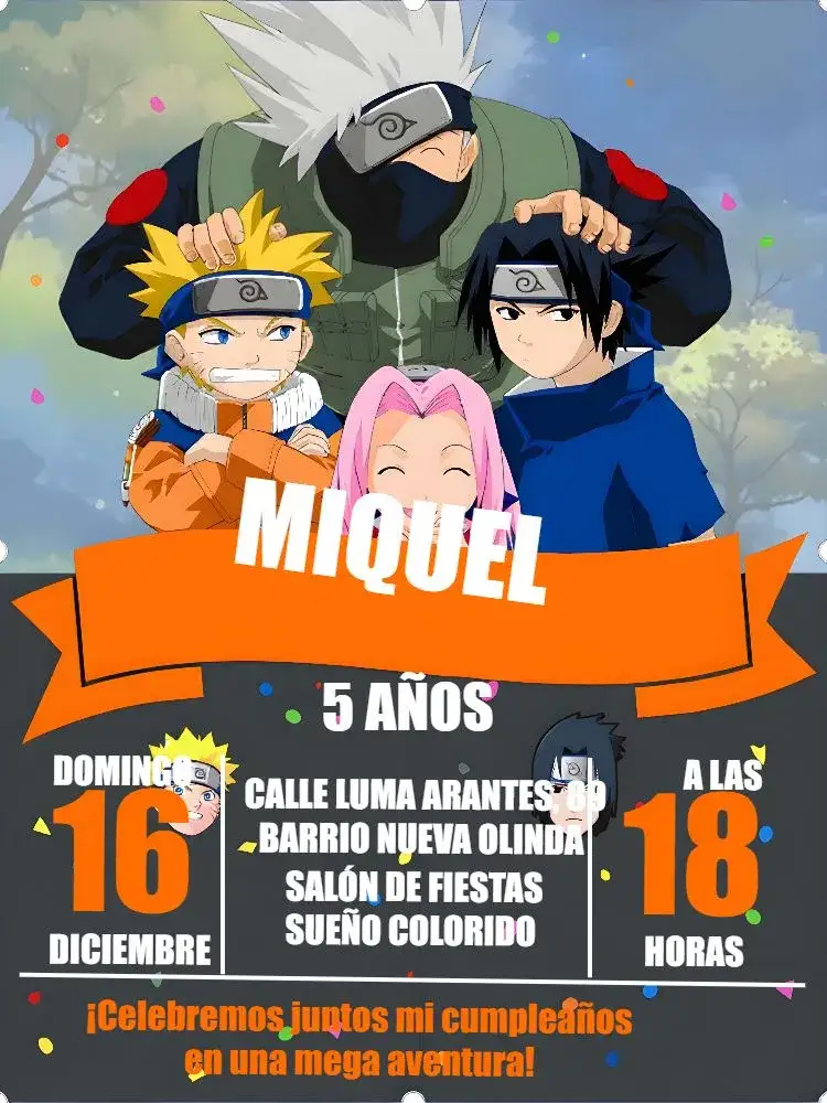 Invitación Naruto Negro – tema Cumpleaños Infantil negro, naranja, chibi, anime, moderno
