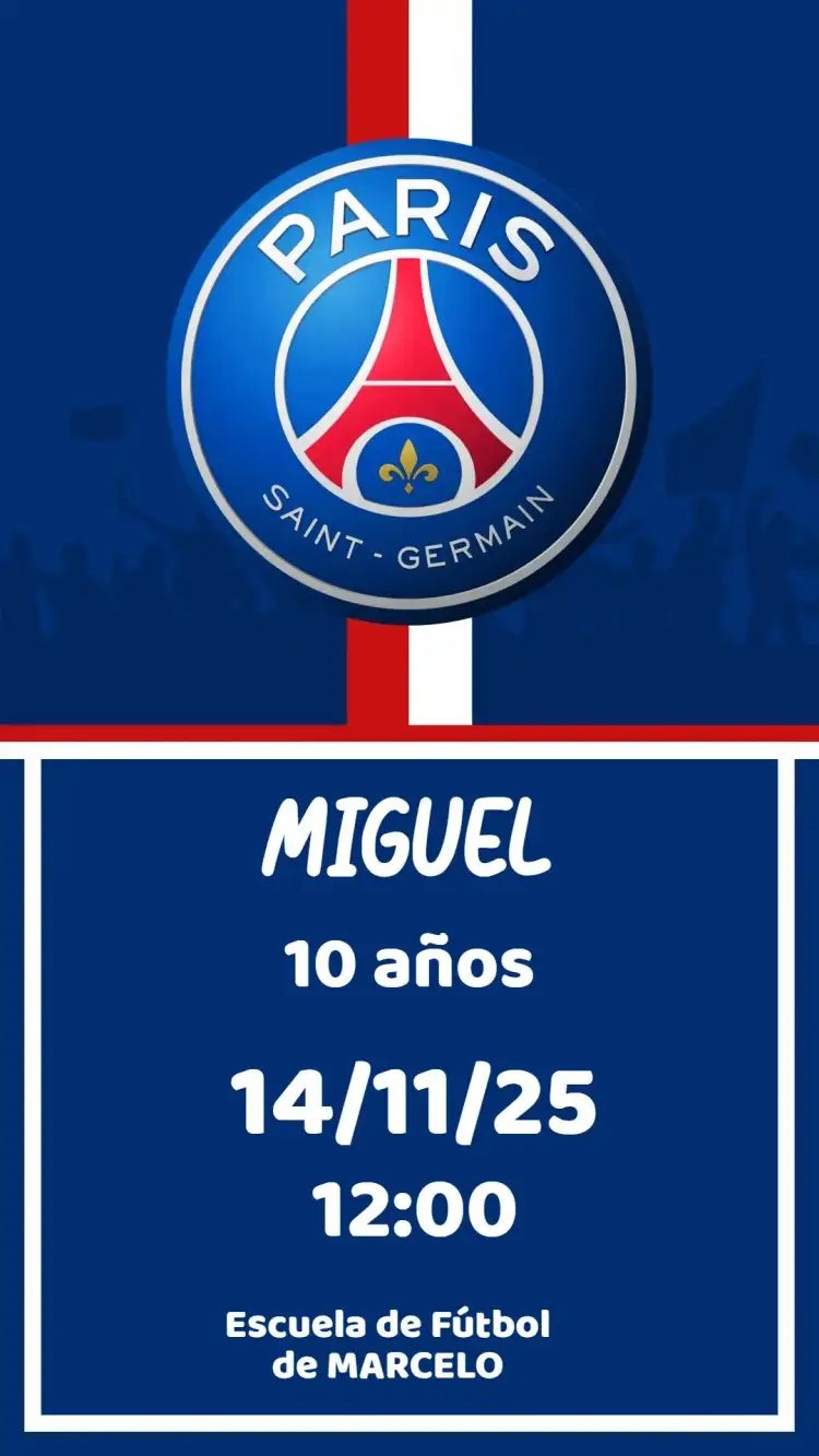 Invitación PSG – tema Cumpleaños deportivo, fútbol