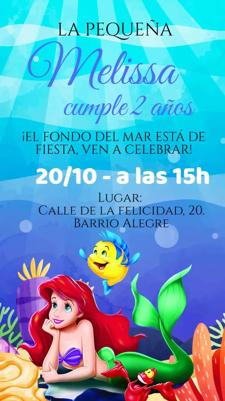 Invitación Cumpleaños La Sirenita Ariel – tema Cumpleaños Infantil azul marino, colorido, fantasioso, princesa, divertido, mágico