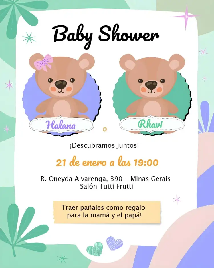 Invitación Fiesta de Revelación de Ositos Verdes – tema Cumpleaños Infantil osos de peluche, verde, lila, corazones, infantil, divertido