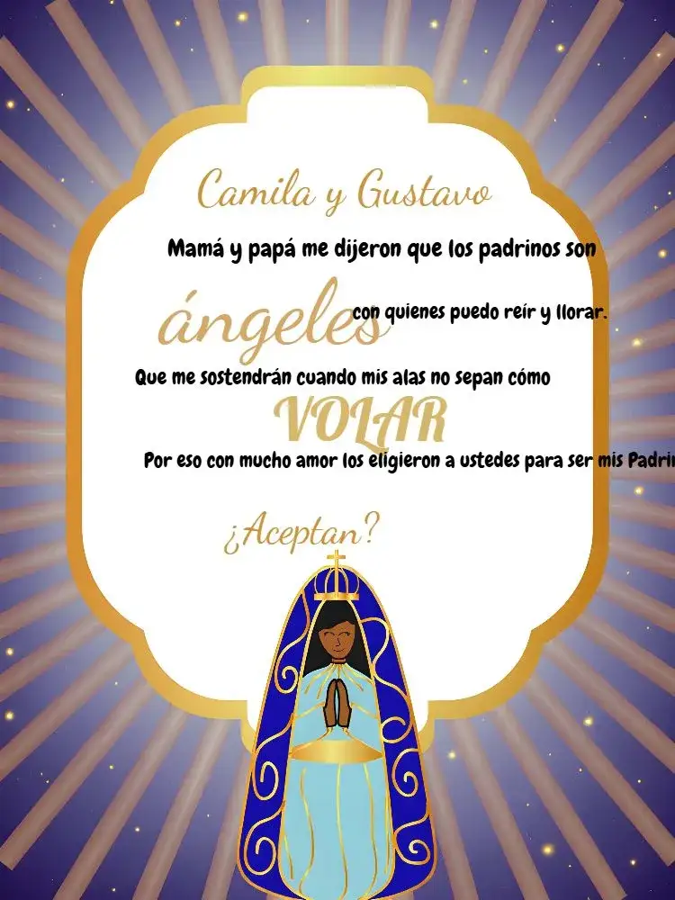 Invitación Para Padrinos Nuestra Señora Aparecida Nubes – tema Bautismo azul y blanco, dorado, nubes, católico, moderno, delicado