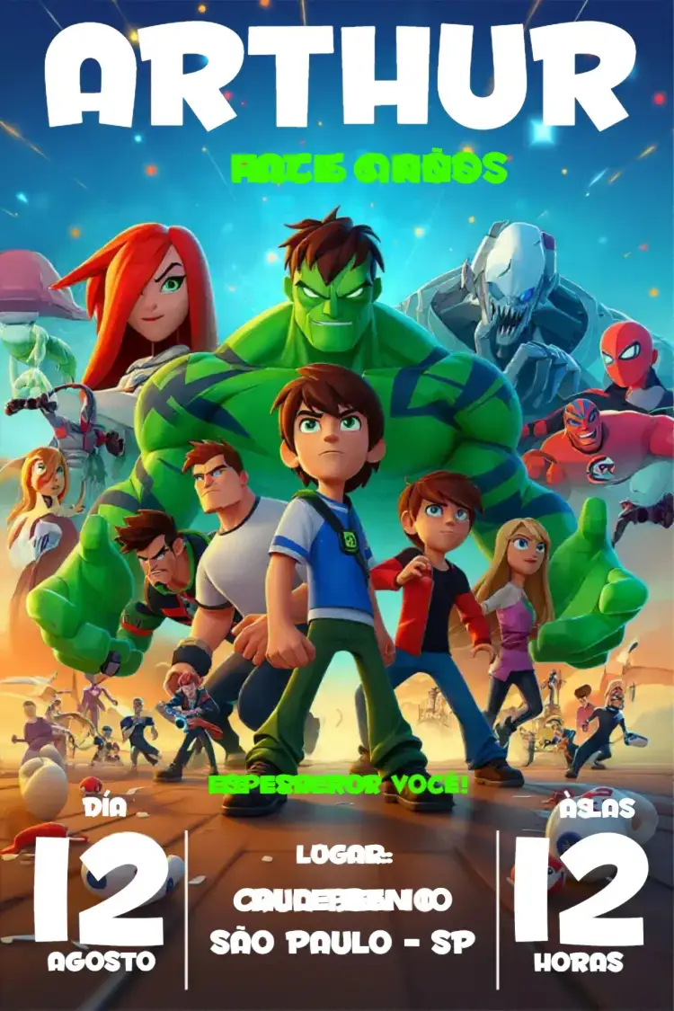 Invitación Ben 10 Infantil – tema Cumpleaños Infantil verde, negro, moderno, divertido, temático, aventura