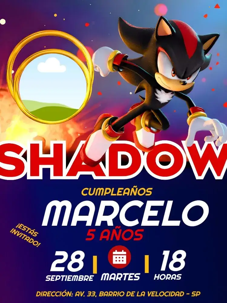 Invitación Shadow Sonic Con Foto Rojo – tema Cumpleaños Infantil colorido, temático, divertido, moderno, jovial, animado