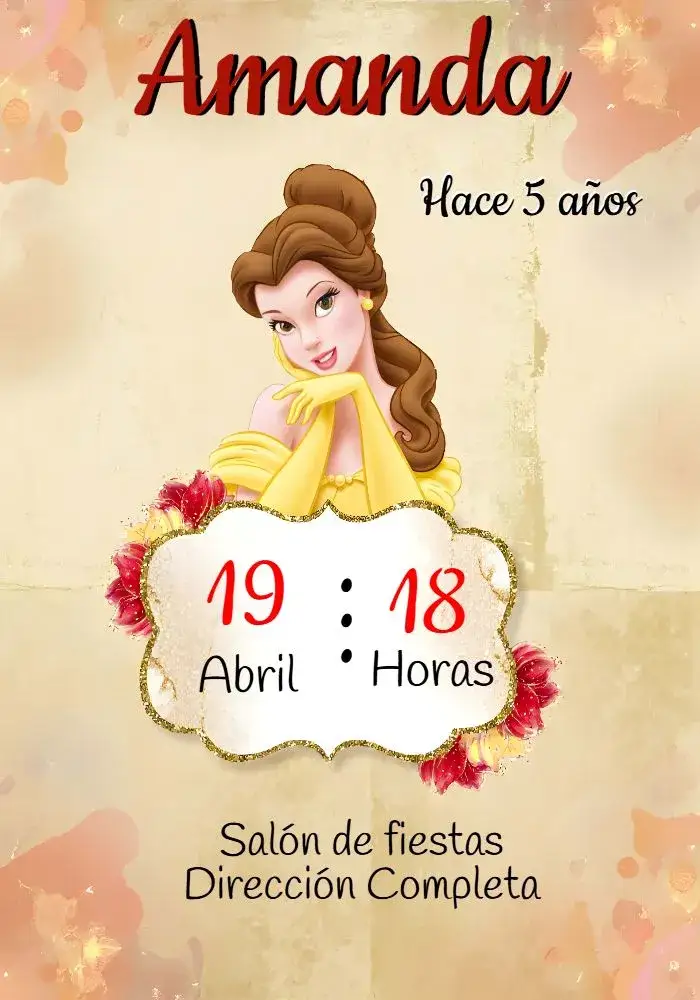 Invitación La Bella y la Bestia Amarillo – tema Bautismo amarillo, rojo, cuentos de hadas, infantil, colorido, divertido