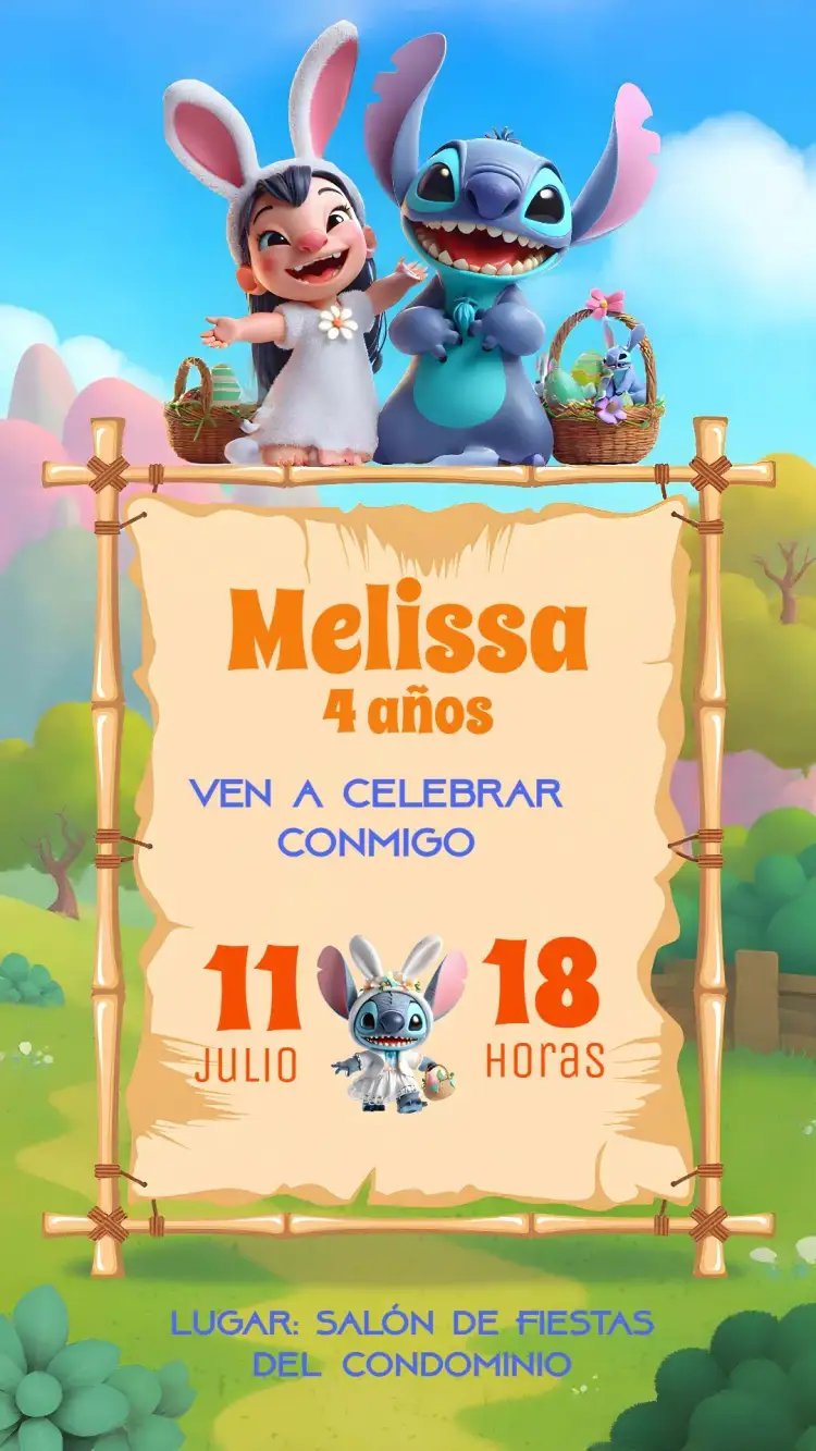Invitación Lilo Y Stitch Pascua Colorida – tema Fechas Conmemorativas colorido, divertido, temático, infantil, Disney, animado