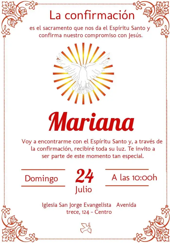 Invitación Confirmación Espíritu Santo Rojo – tema Primera Comunión rojo, religioso, elegante, moderno, simple, espiritual