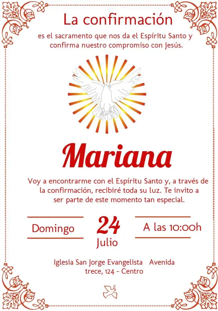 Invitación Confirmación Espíritu Santo Rojo editable y personalizable