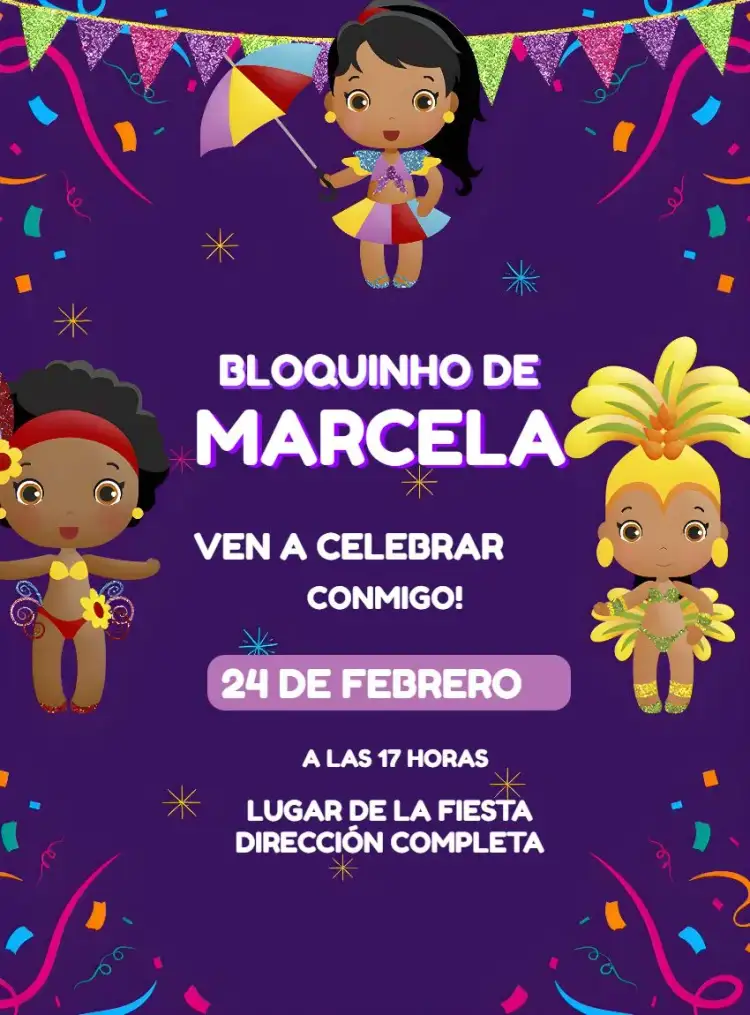 Invitación Bloquinho Carnaval Danza – tema Fechas Conmemorativas morado, blanco, alegría, colorido, carnaval, fiesta