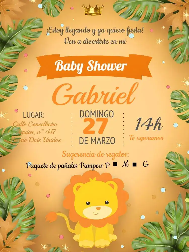 Invitación Baby Shower León Naranja – tema Baby Shower naranja, animales, infantil, colorido, divertido, moderno