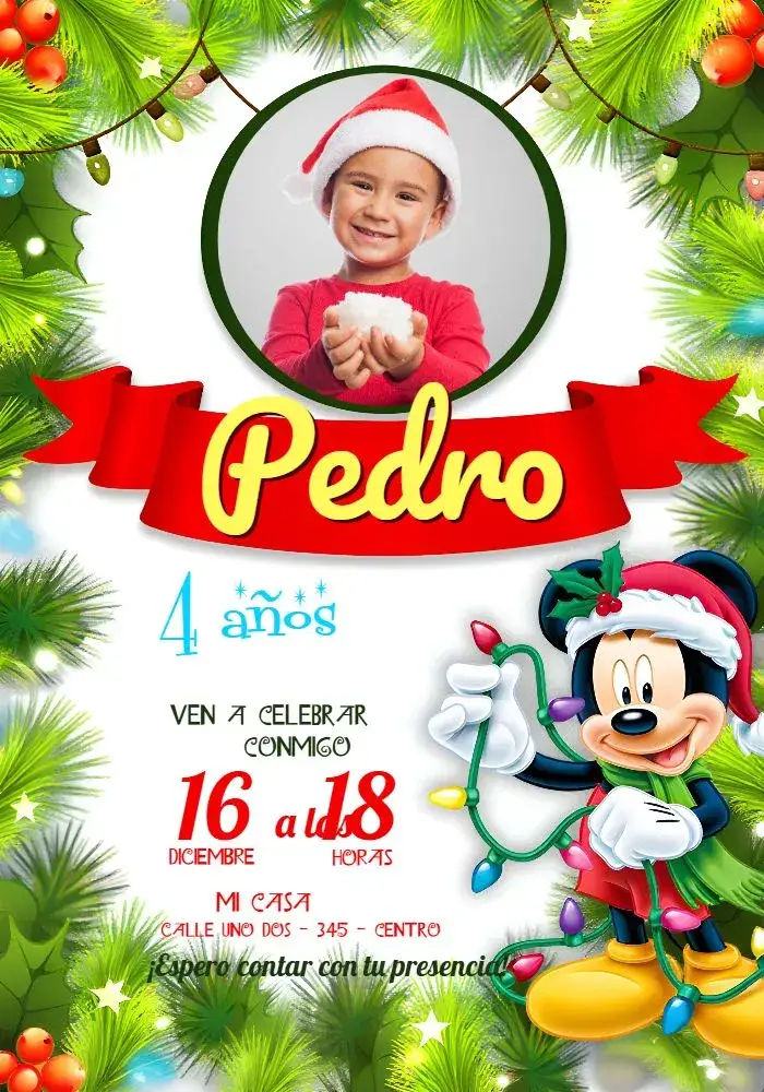 Invitación Mickey Mouse Navidad Con Foto Chica – tema Fechas Conmemorativas colorido, infantil, divertido, festivo, temático