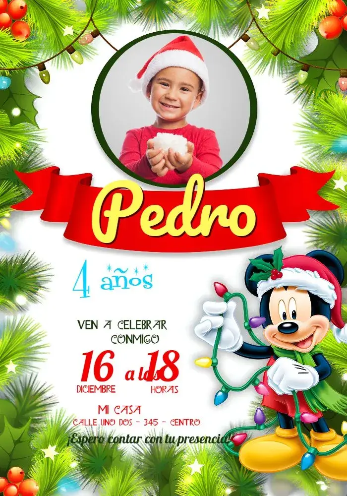 Invitación Mickey Mouse Navidad Con Foto Chica