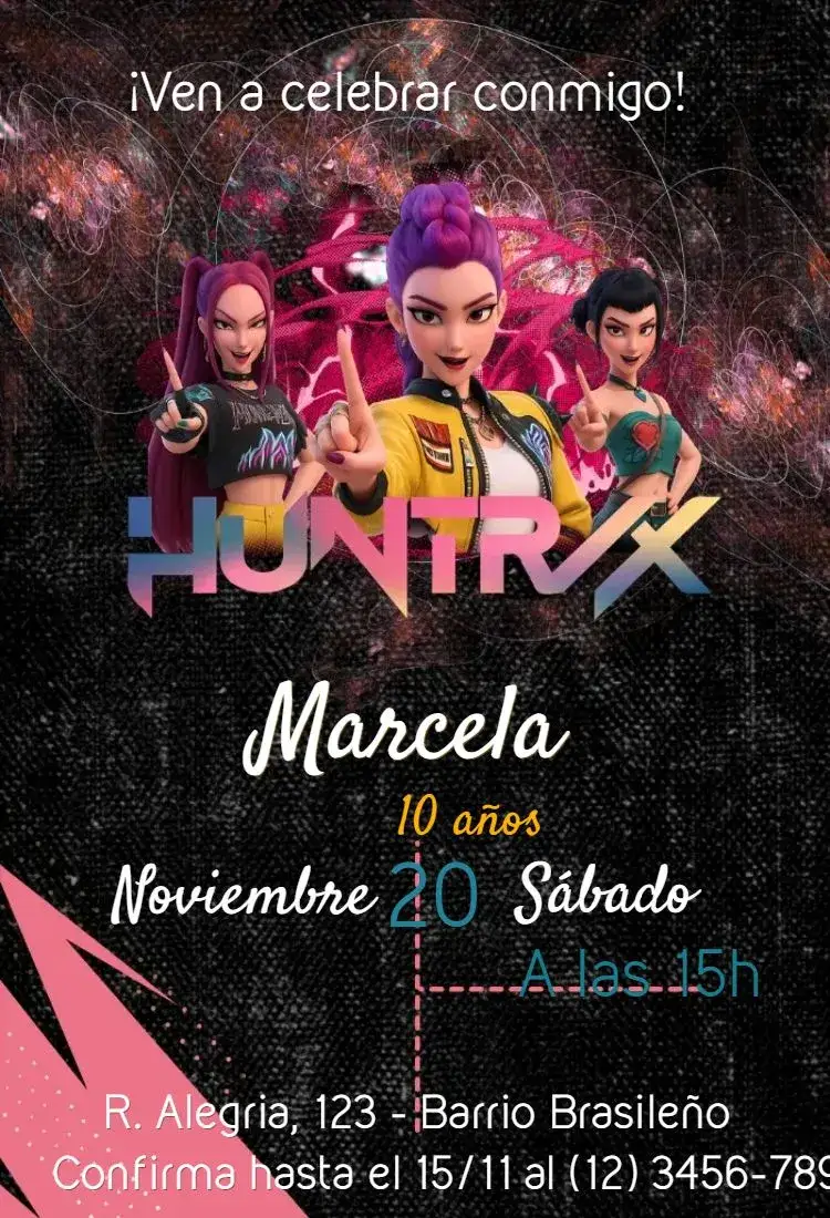 Invitación Cazadores de Demonios K-Pop – tema Cumpleaños Infantil moderno, colorido, kawaii, pop art, fantasia, temática