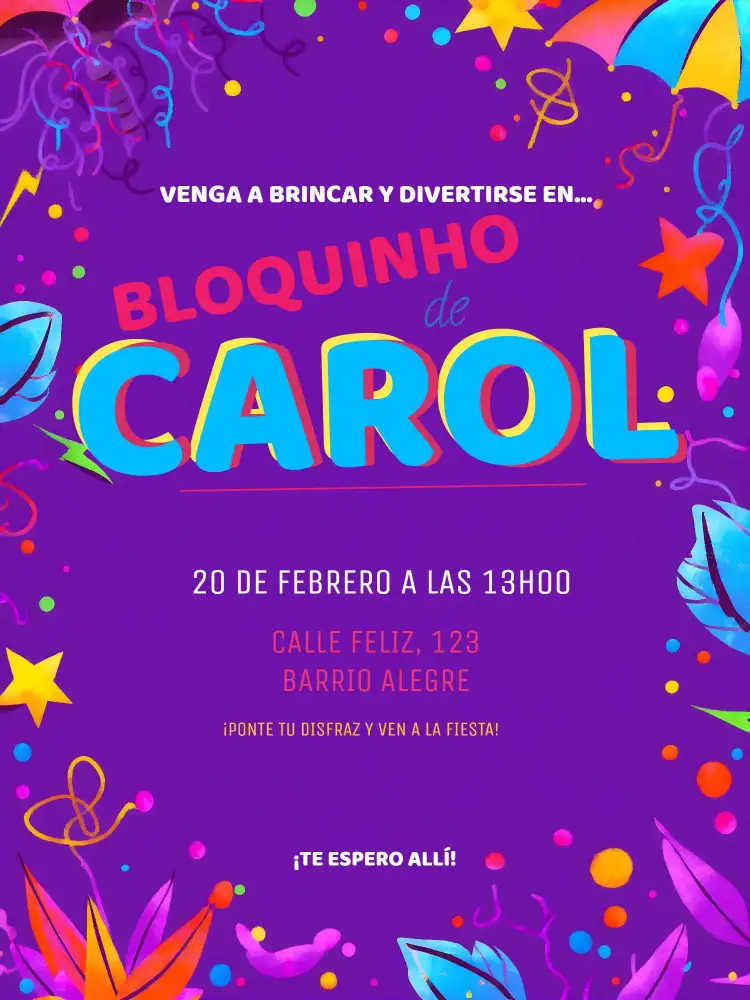 Invitación Fiesta De Carnaval Morado – tema Fechas Conmemorativas carnaval, colorido, divertido, gráfico, moderno