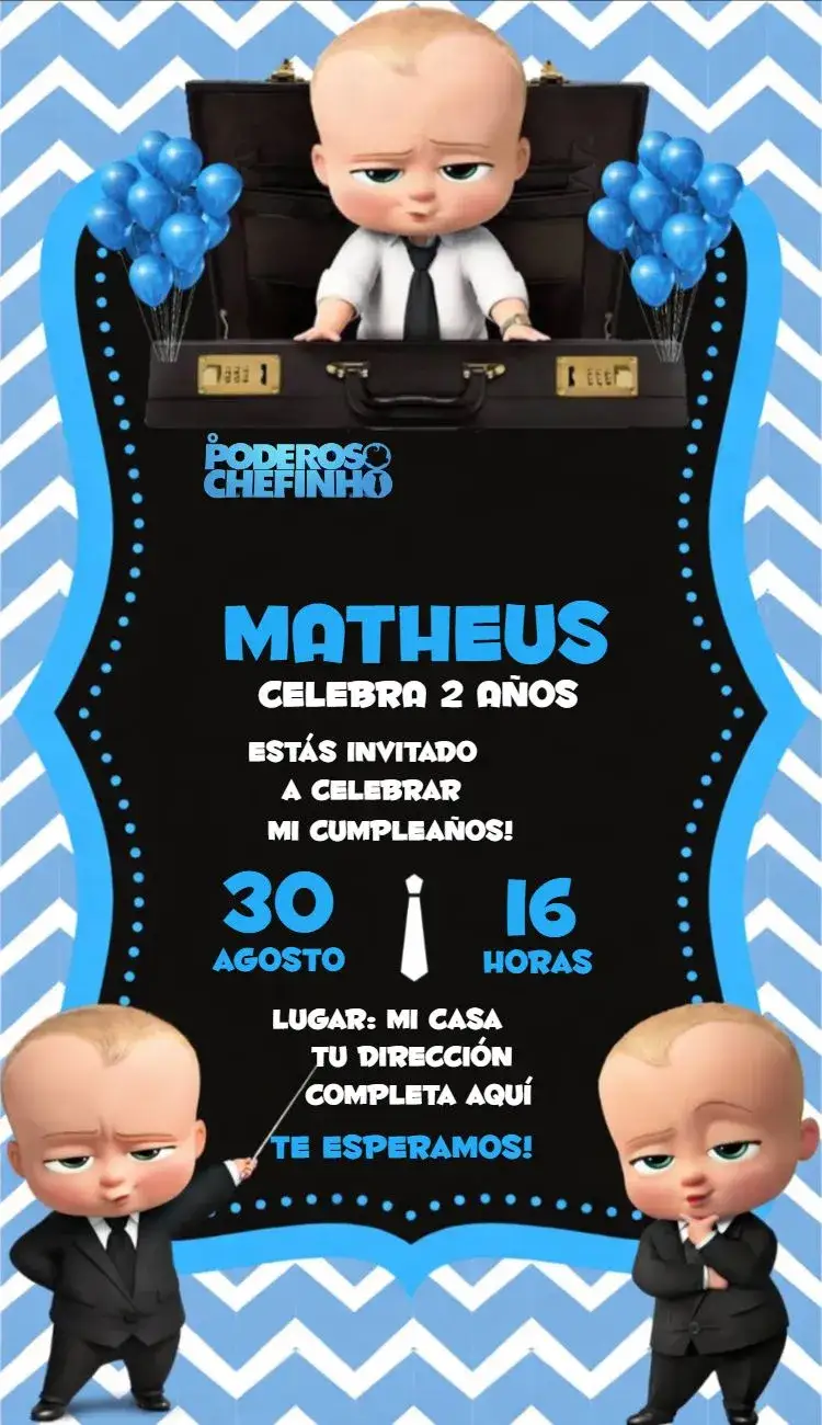 Invitación El poderoso jefe – tema Cumpleaños azul, divertido, infantil, temático, colorido