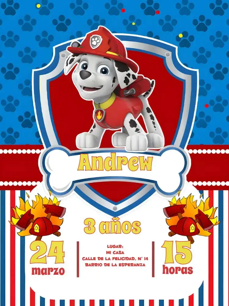 Invitación Marshall Patrulla Canina Azul – tema Cumpleaños Infantil azul, rojo, divertido, temático, infantil