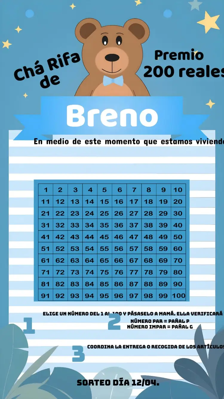 Invitación Té Rifa Osito Azul – tema Té Rifa azul, blanco, negro, lindo, divertido, infantil