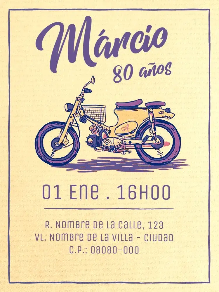 Invitación 80 Aniversario Virtual - Motocicleta Vintage editable y personalizable