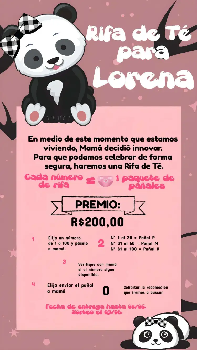 Invitación Té Rifa Panda Pañales – tema Té Rifa panda, rosa, blanco, negro, safari, lúdico