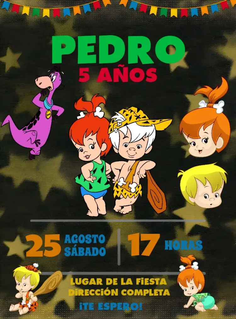 Invitación Pedrita y Bambam Piedra – tema Cumpleaños Infantil colorido, divertido, temático, infantil, moderno