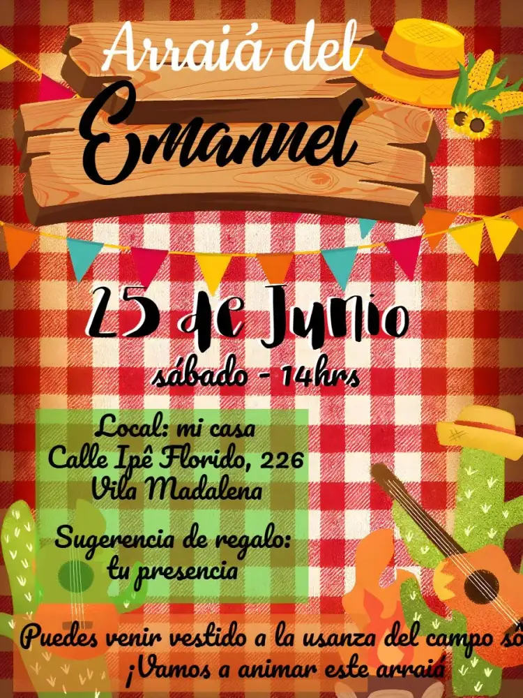 Invitación Arraiá Fiesta Junina Sertanejo – tema Fechas Conmemorativas colorido, sertanejo, tradicional, caipira, vintage, festivo
