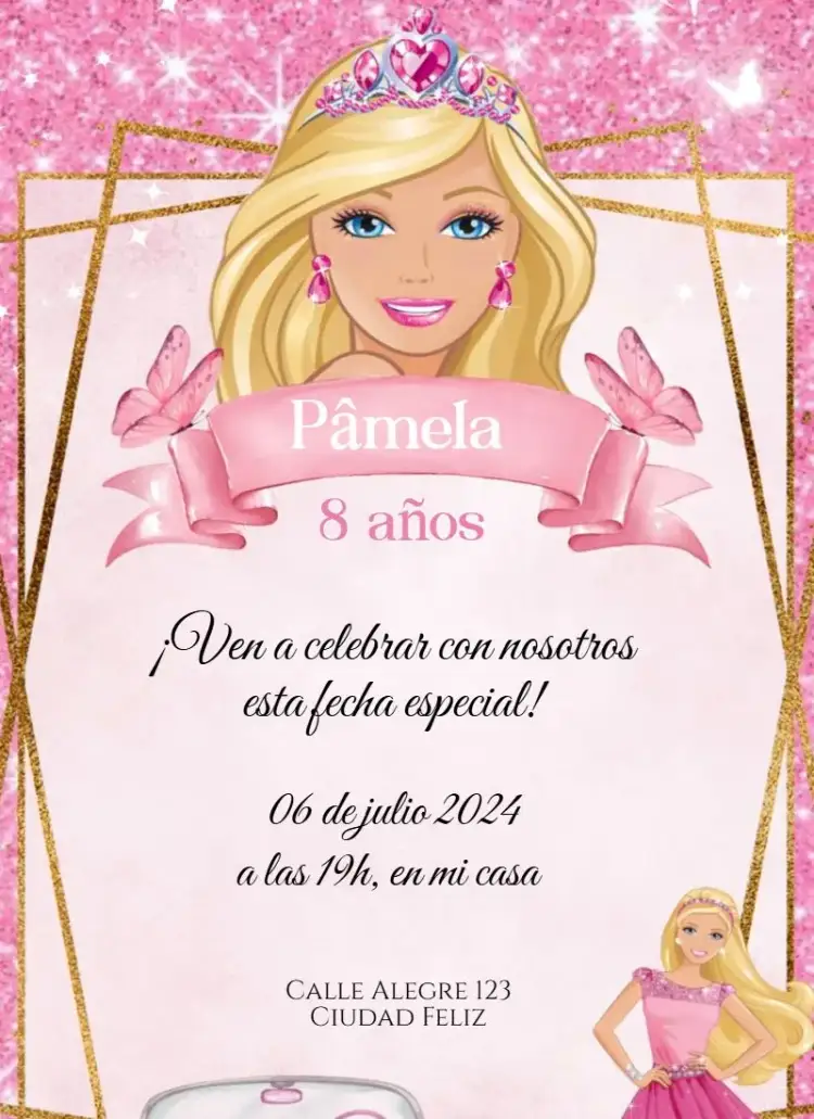 Invitación Barbie Princesa – tema Cumpleaños Infantil rosa, princesa, femenino, fantasía, delicado, colorido