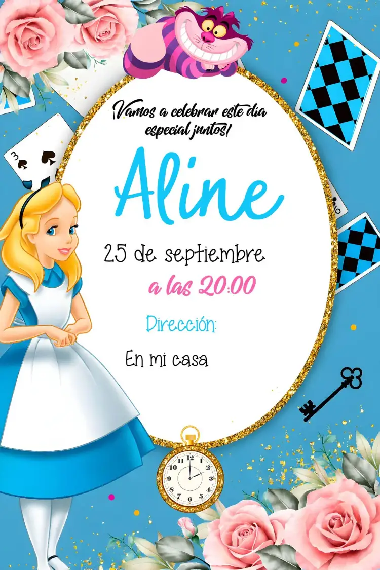 Invitación Alicia En El País De Las Maravillas – tema Fechas Conmemorativas colorido, fantástico, ilustraciones lúdicas, vintage, mágico, divertido