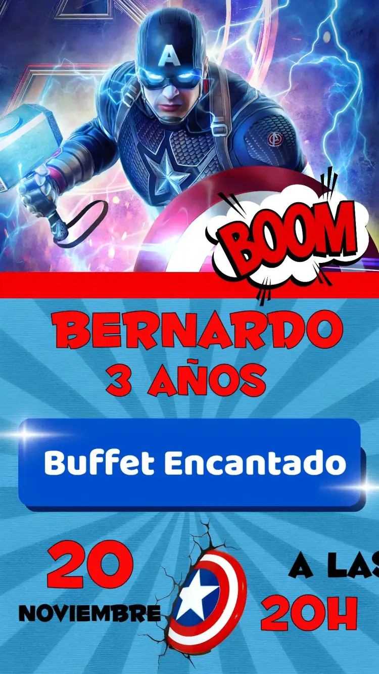 Invitación Capitán América – tema Cumpleaños Infantil superhéroes, vibrante, colorido, aventura, moderno