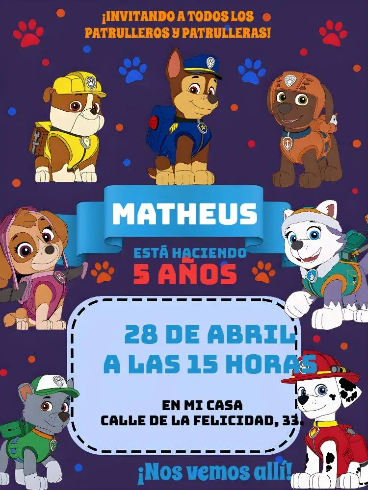Invitación Patrulla Canina Niño editable y personalizable