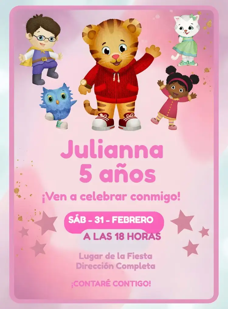 Invitación Daniel El Tigre Niña – tema Más buscados personajes animados, infantil