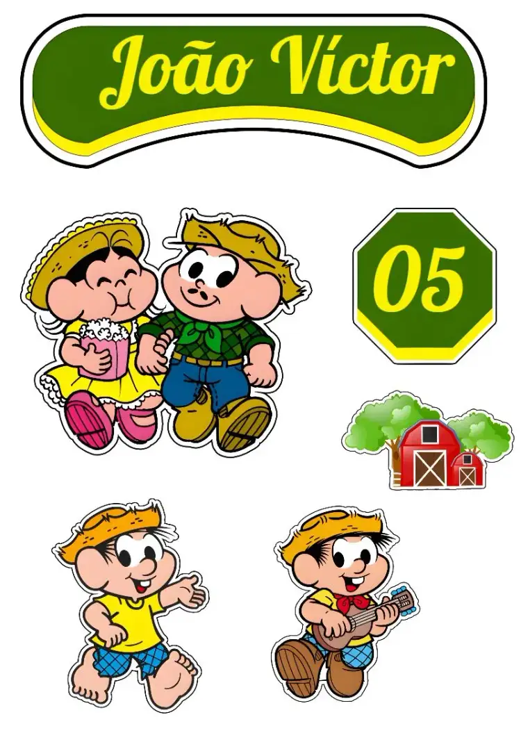 Invitación Topo de Pastel Chico Bento Amarillo – tema Topper de torta amarillo, verde, rústico, divertido, infantil, granja