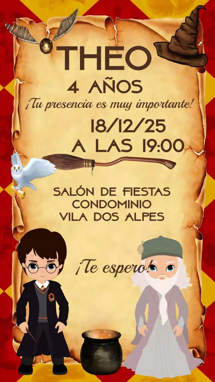 Invitación Hary Potter – tema Cumpleaños Infantil mágico, fantasía, colorido, divertido, juvenil