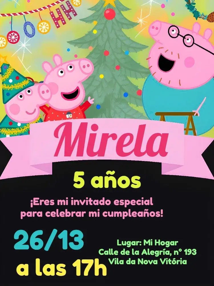 Invitación Peppa Pig Navidad Gris – tema Fechas Conmemorativas gris, rosa, verde, púrpura, divertido, temático