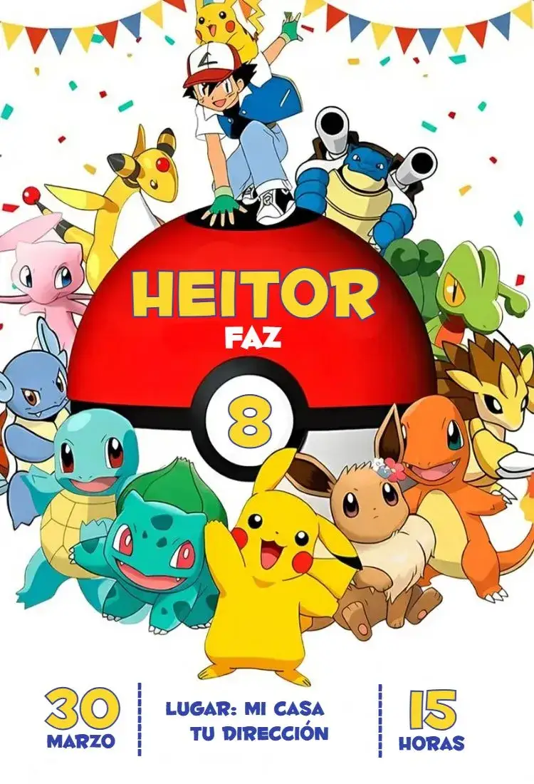 Invitación Pokemon 1 – tema Cumpleaños colorido, divertido, lúdico, animado, infantil
