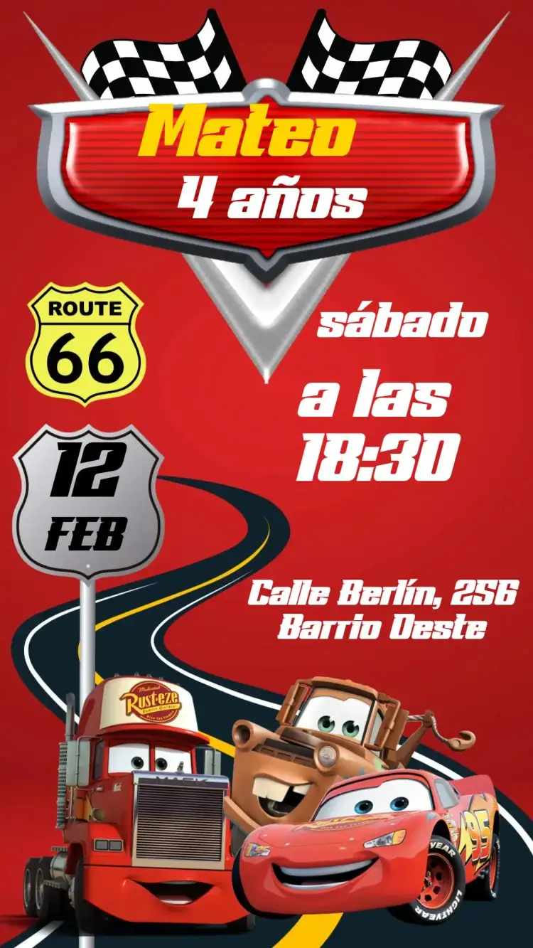 Invitación Carros Disney – tema Cumpleaños Infantil colorido, divertido, temático, infantil, vibrante
