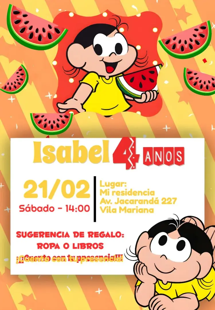 Invitación Magali Turma Da Mônica Sandía editable y personalizable