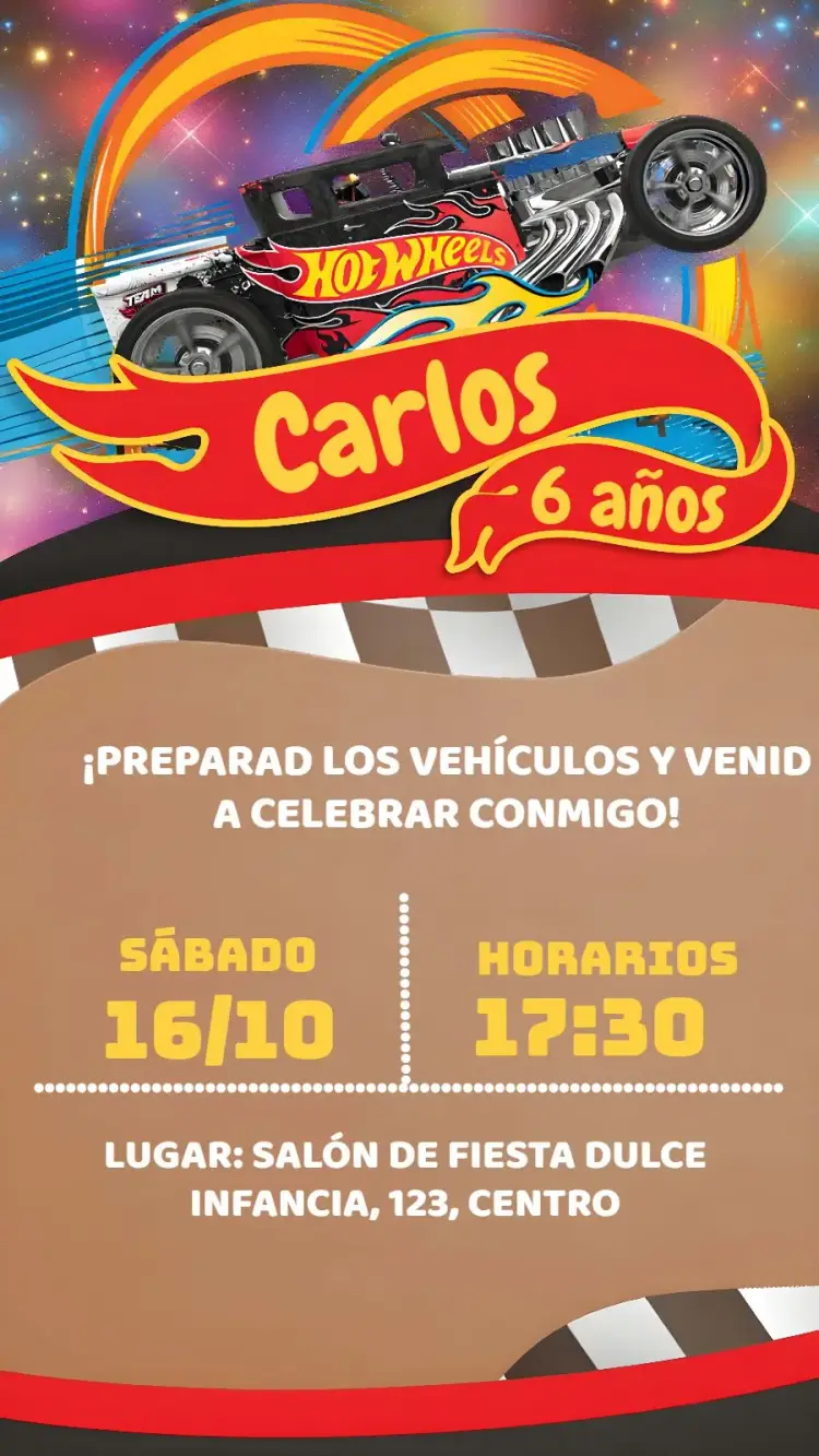Invitación Hot Wheels Fiesta editable y personalizable