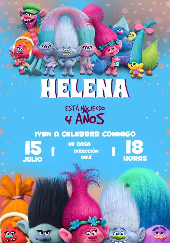 Invitación Trolls Naranja – tema Más buscados colorido, lúdico, divertido, temático, infantil