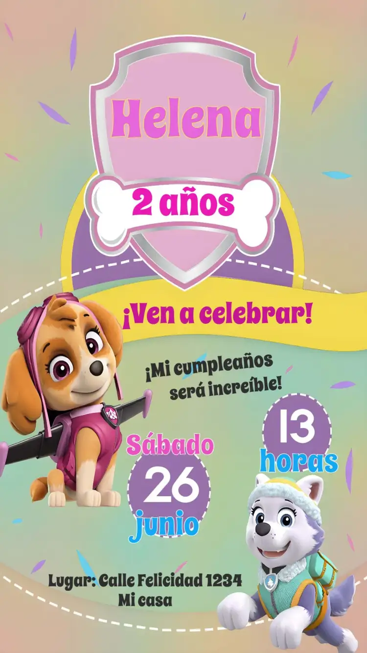 Invitación Skye Patrulla Canina Chica – tema Cumpleaños Infantil morado, rosa, diversión infantil, temática Patrulla Canina, colorido, moderno