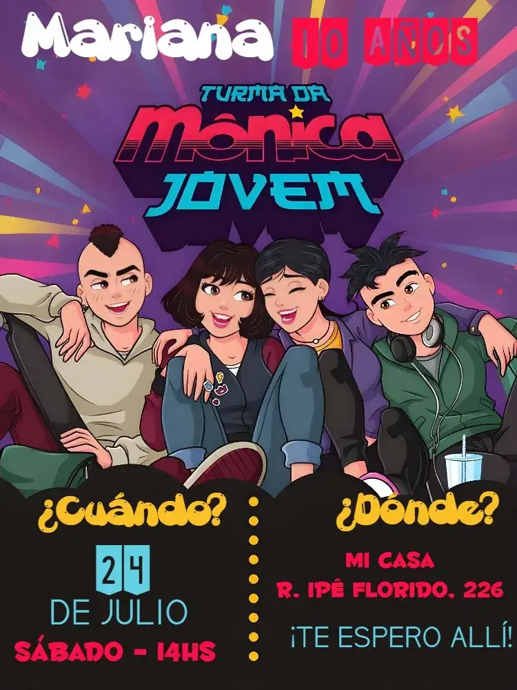 Invitación Turma Da Mónica Joven Cascão – tema Cumpleaños Infantil colorido, divertido, infantil, moderno, ilustraciones animadas, temática de la Turma da Mônica