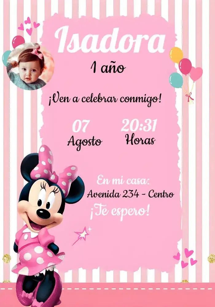 Invitación Minnie Mouse Con Foto Disney – tema Fechas Conmemorativas Disney, infantil, colorido, divertido, temático