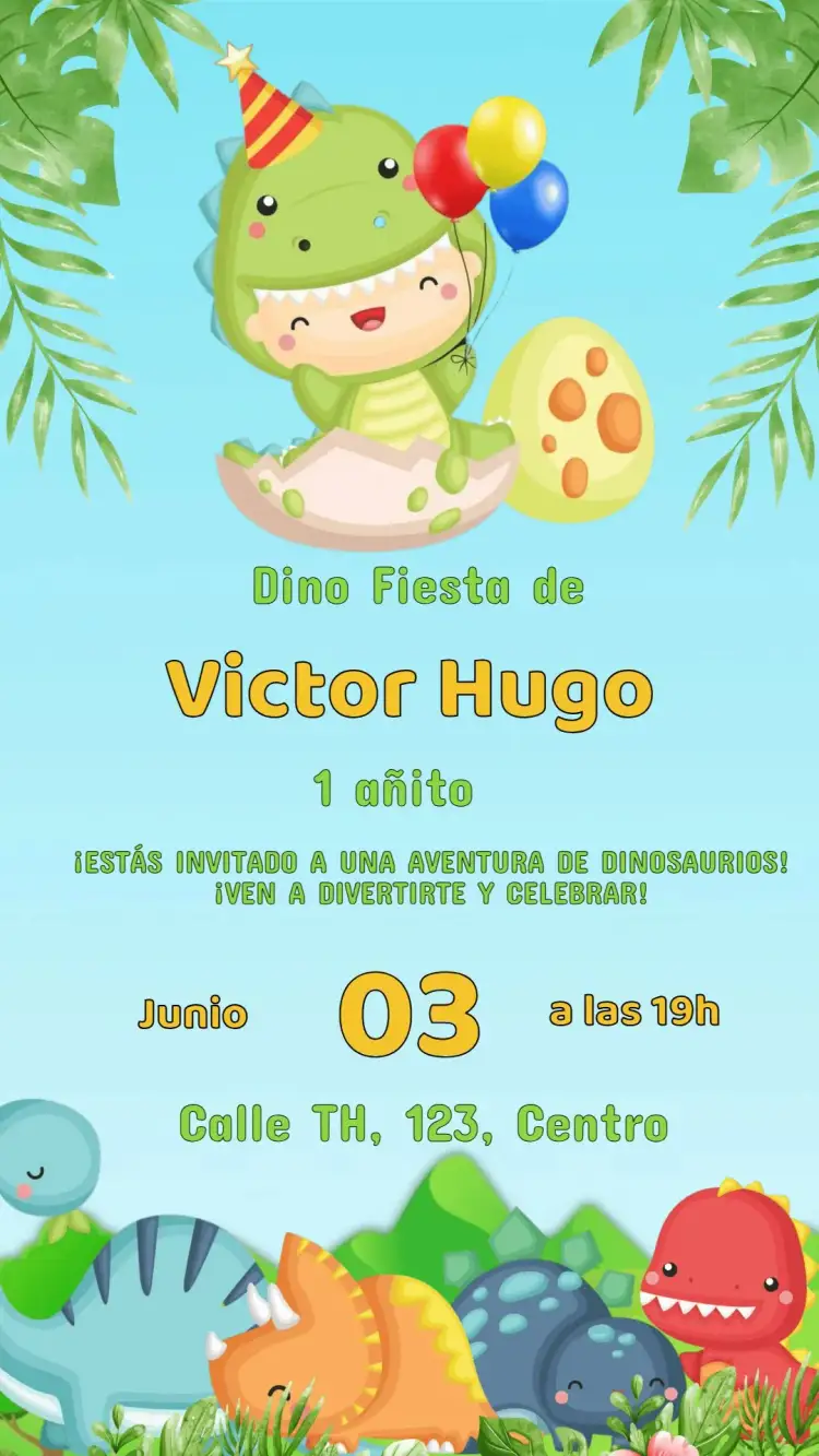 Invitación Invitación Cumpleaños Dino Baby – tema Cumpleaños Infantil colorido, divertido, ilustraciones de dinosaurios, tema de prehistoria, estilo lúdico, gráficos infantiles