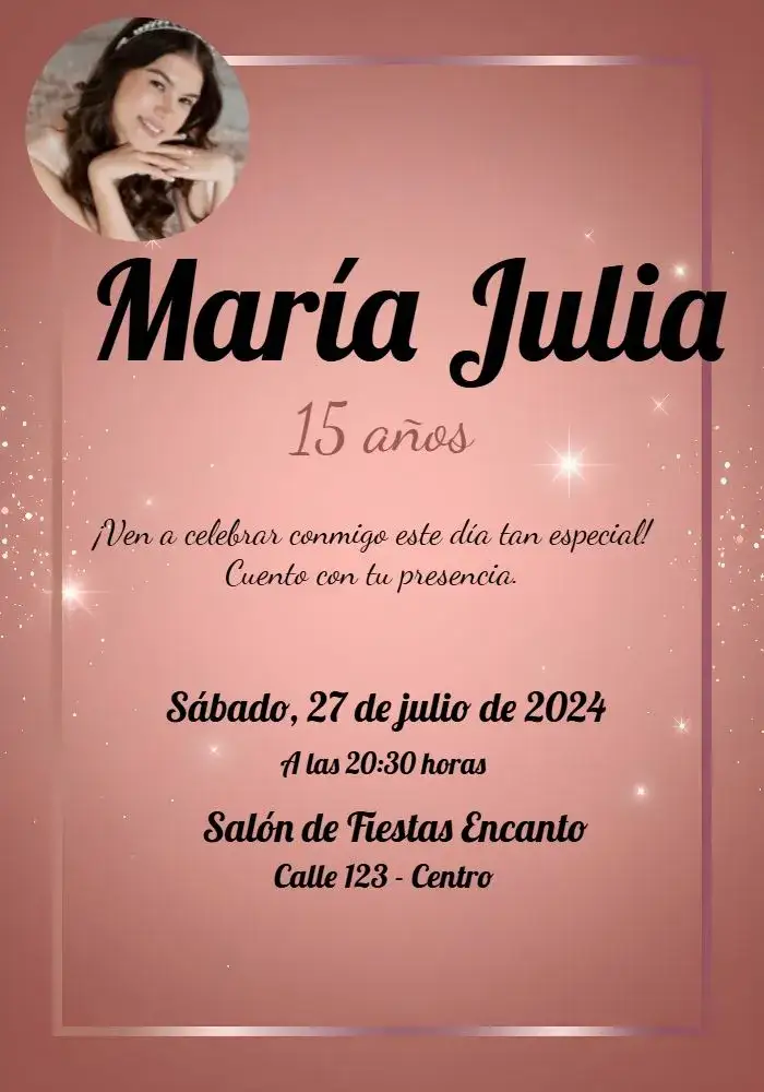 Invitación 15 Años Rosado Con Foto Adulto – tema Cumpleaños rosa, brillantina, elegante, moderno, glamoroso, femenino